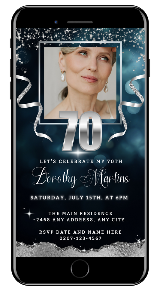Navy Blue Silver Glitter 70th Birthday Evite template displayed on a smartphone screen, featuring a woman's face. Customizable via Canva for easy sharing.