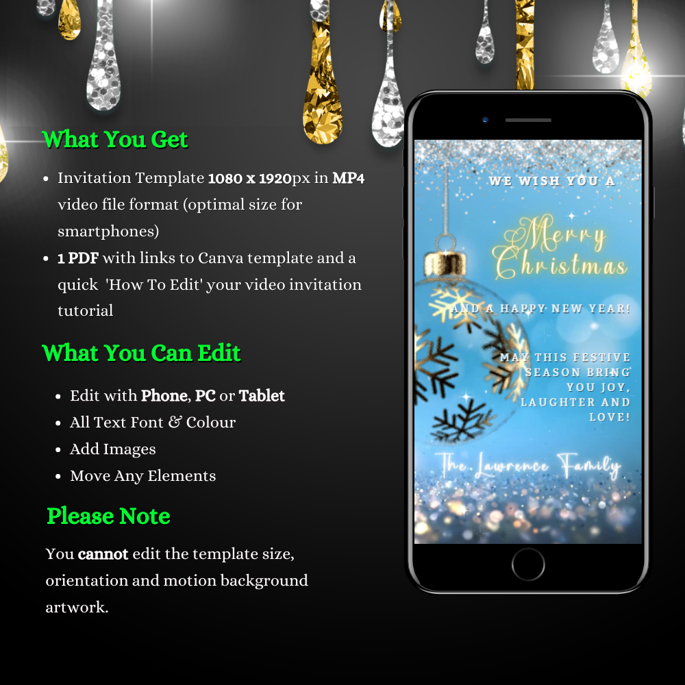 Editable Blue Gold Ball Glitter Christmas Video Ecard displayed on a smartphone screen, showcasing customizable text for event details.
