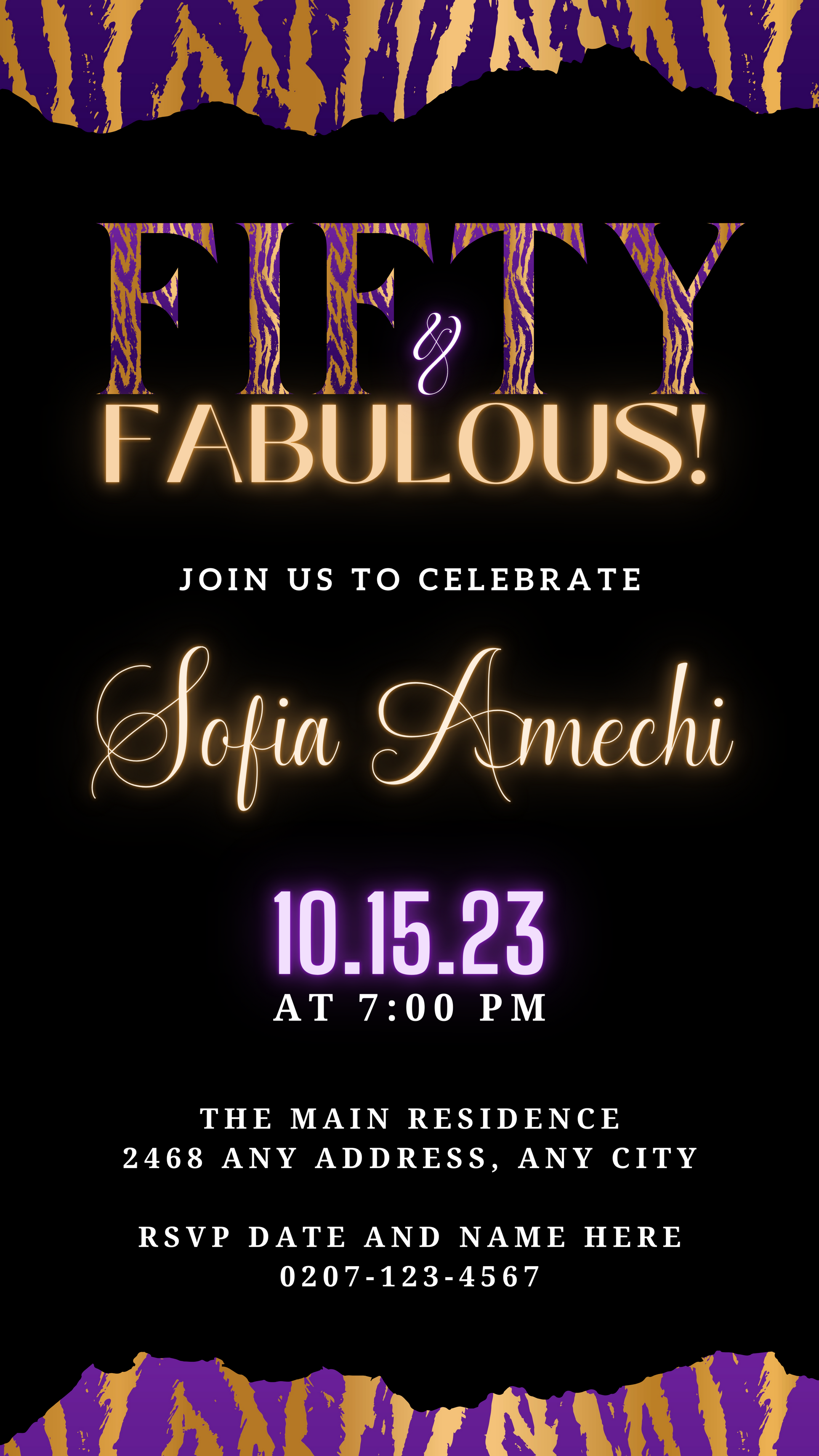 Digital invitation titled Neon Gold Purple Tiger | Fifty & Fabulous Party Evite with customizable text and details, designed for electronic sharing via smartphones.