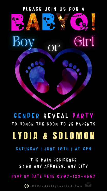 Animated BABYQ Blue Pink Feet Heart Digital Gender Reveal Invite featuring heart-shaped footprints and customizable text. Download and personalize via Canva for easy electronic sharing.