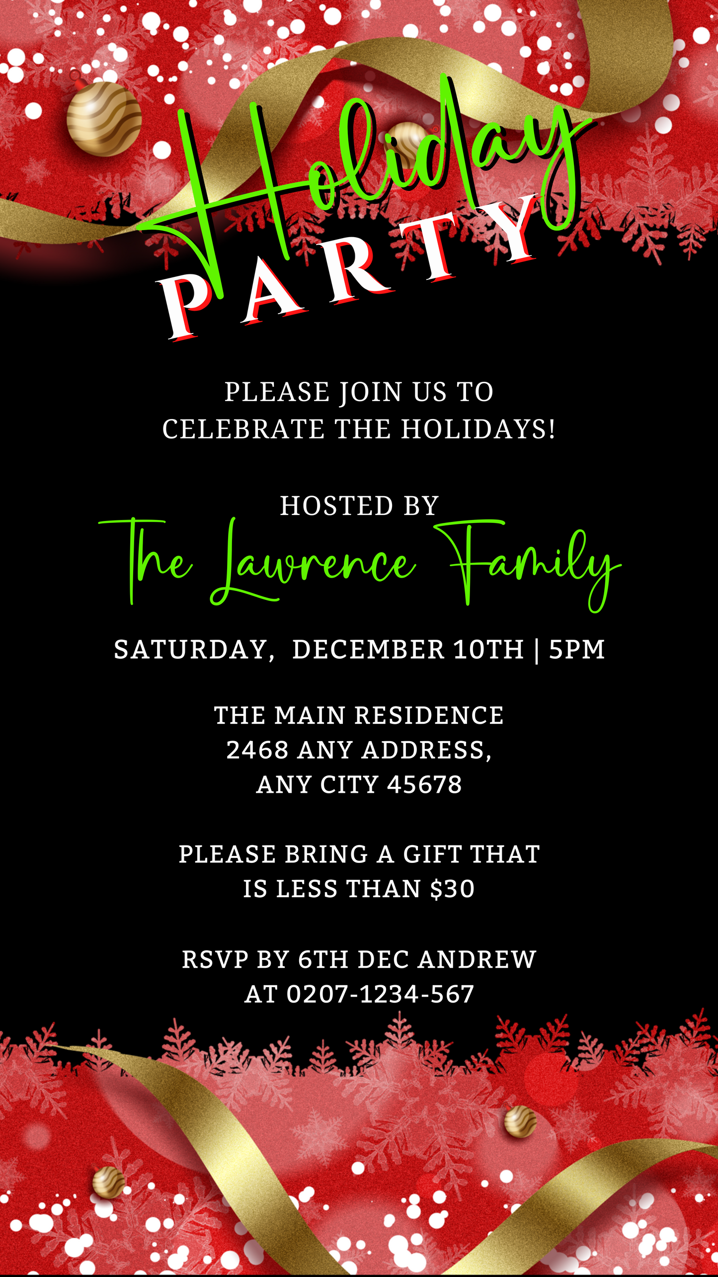 Digital invitation template featuring red, black, and gold ornaments with editable text for a holiday party. Designed for customization via Canva, perfect for electronic sharing.