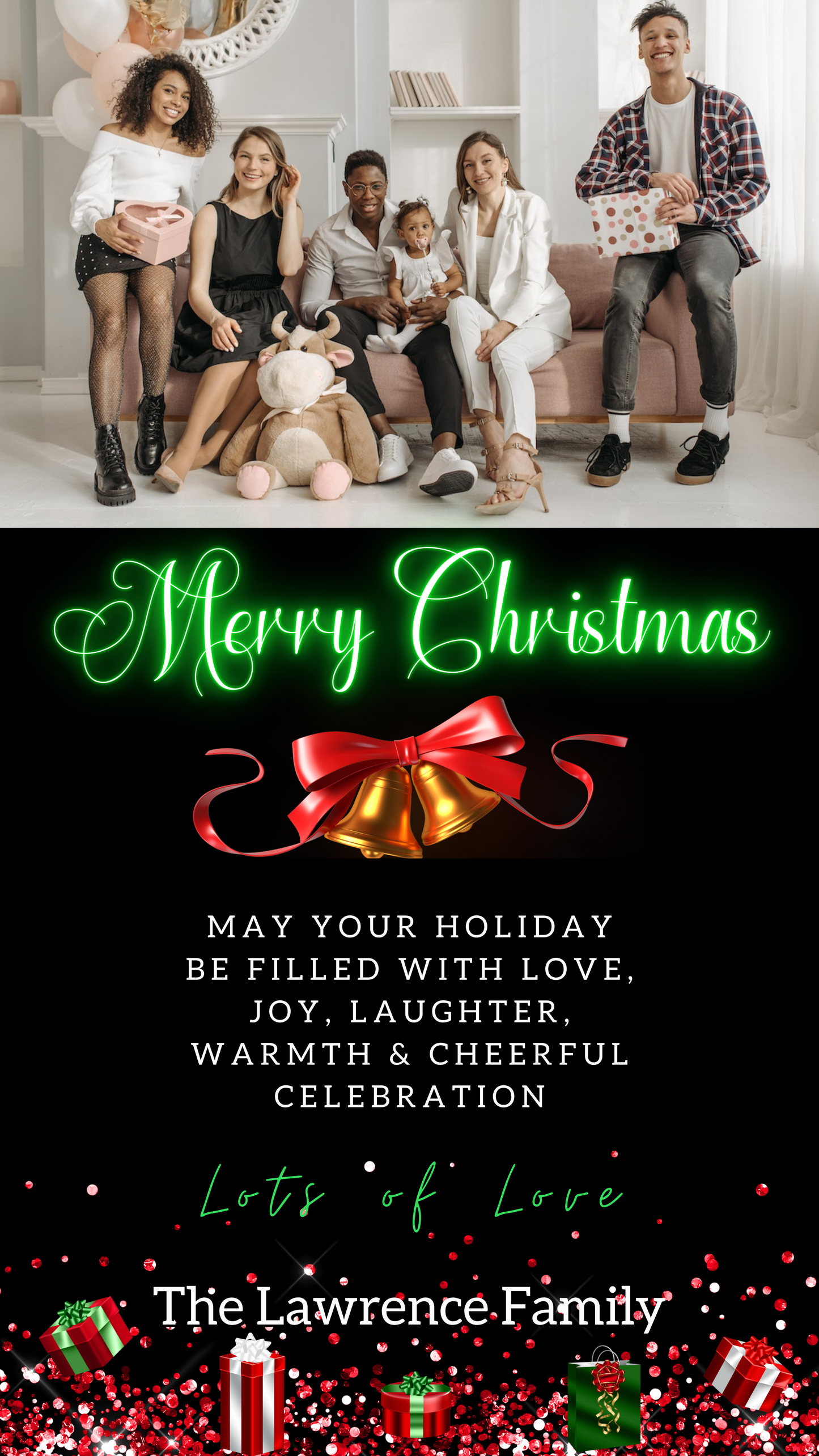 Group of people on a couch with presents, highlighting the Neon Green Presents W/Photo | Merry Christmas Greeting Ecard for customization and digital sharing.