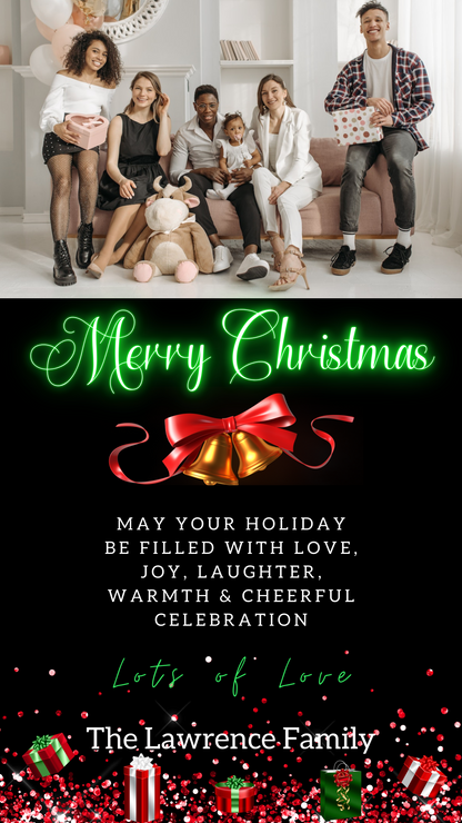 Group of people on a couch with presents, highlighting the Neon Green Presents W/Photo | Merry Christmas Greeting Ecard for customization and digital sharing.