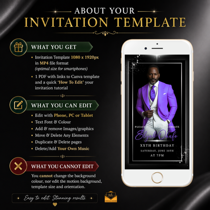 Black & Silver Men's Birthday Video Invitation - With Photo