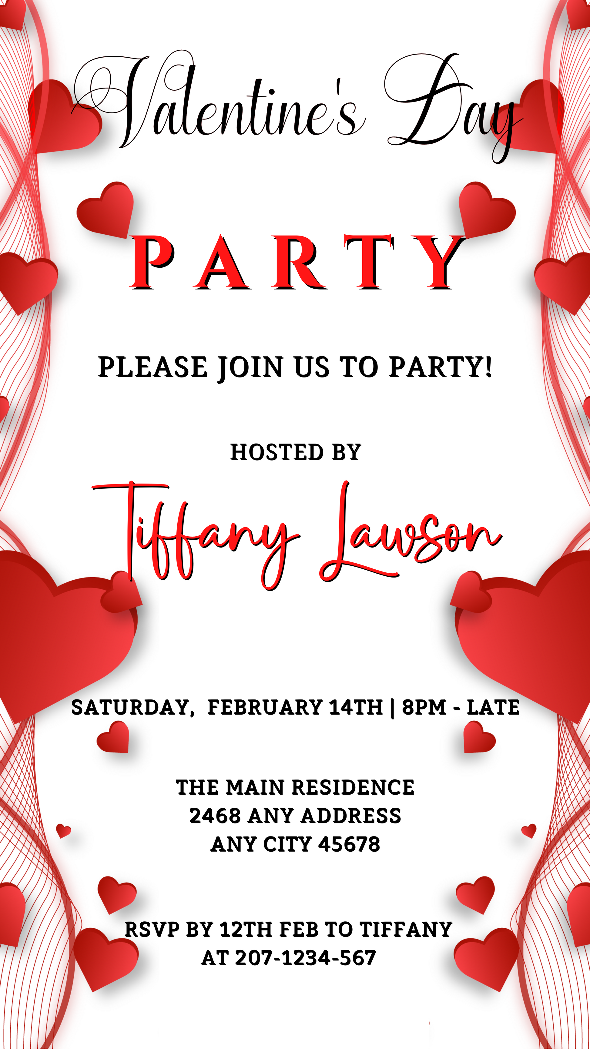 White and red Valentine's Party Evite with red hearts, customizable via Canva for smartphones, tablets, and PCs. Download and personalize for easy electronic sharing.