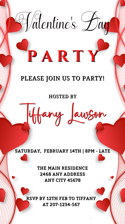 White and red Valentine's Party Evite with red hearts, customizable via Canva for smartphones, tablets, and PCs. Download and personalize for easy electronic sharing.