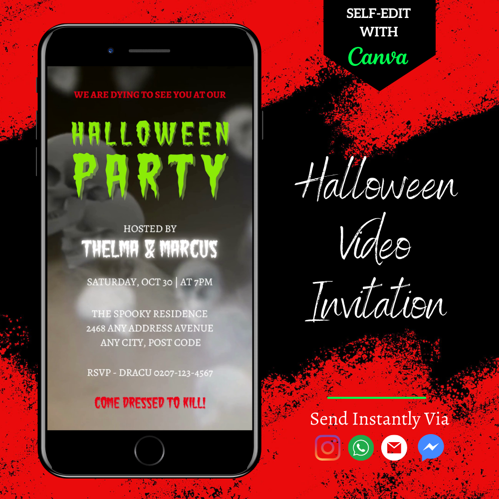 Cell phone displaying a digital editable Spinning Smoking Skulls Halloween Party Video Invite with customizable text using Canva.