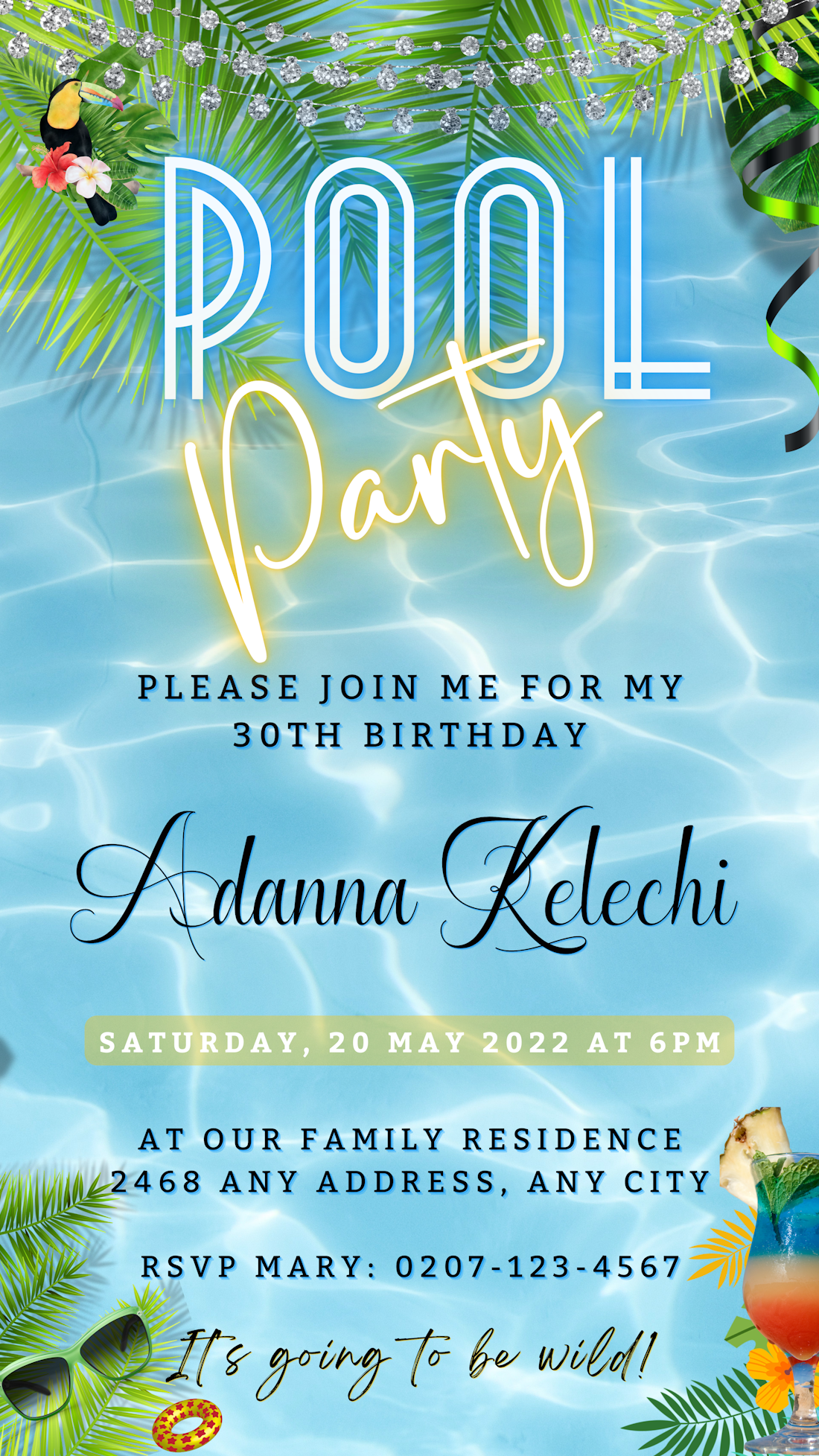 Digital Luau Pool Party Invitation featuring palm leaves, confetti, and a toucan, customizable using Canva for smartphones.