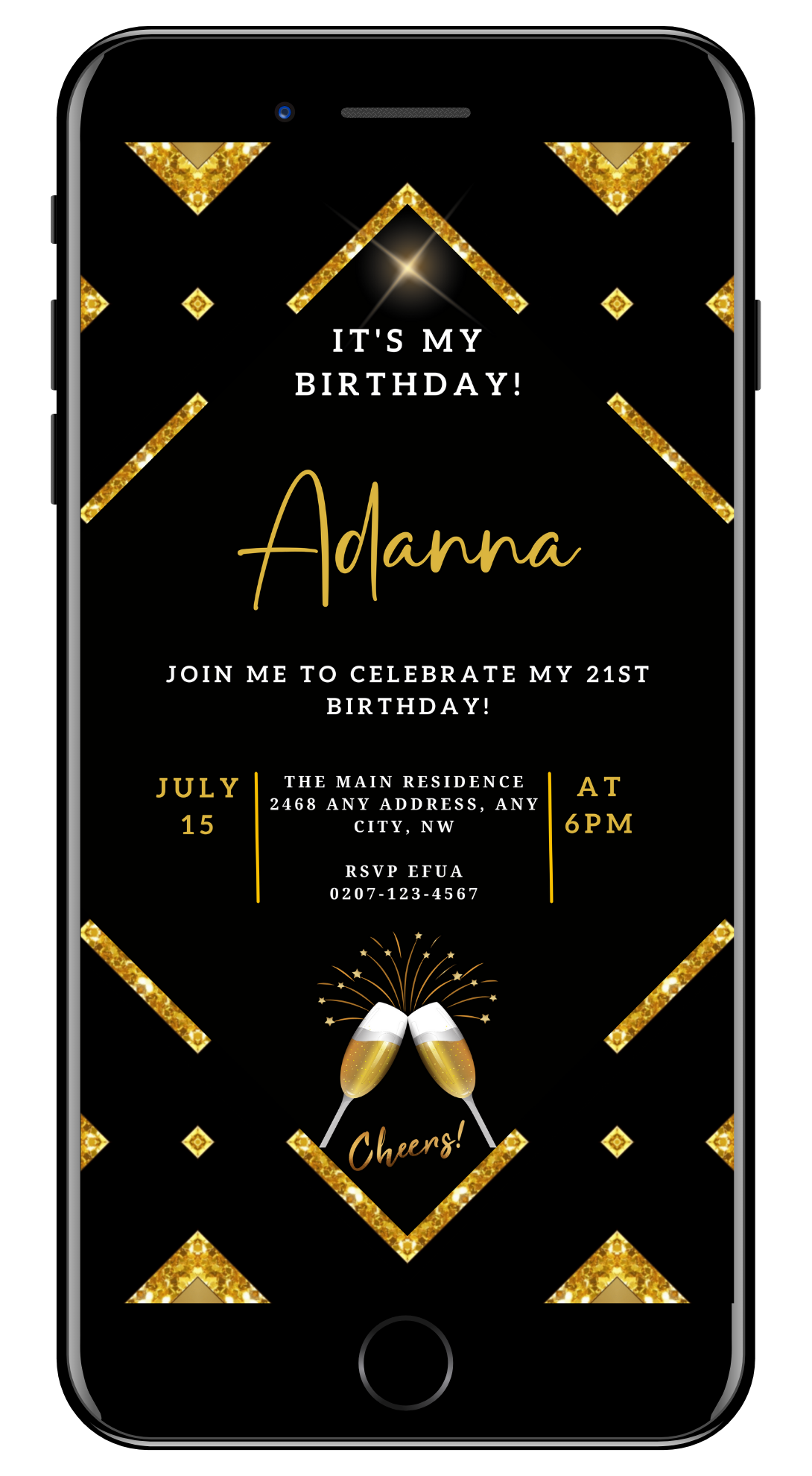 Customizable Digital Gold Black Sparkle Party Evite showing a black and gold invitation with champagne glasses, editable via Canva for smartphones, tablets, or PCs.