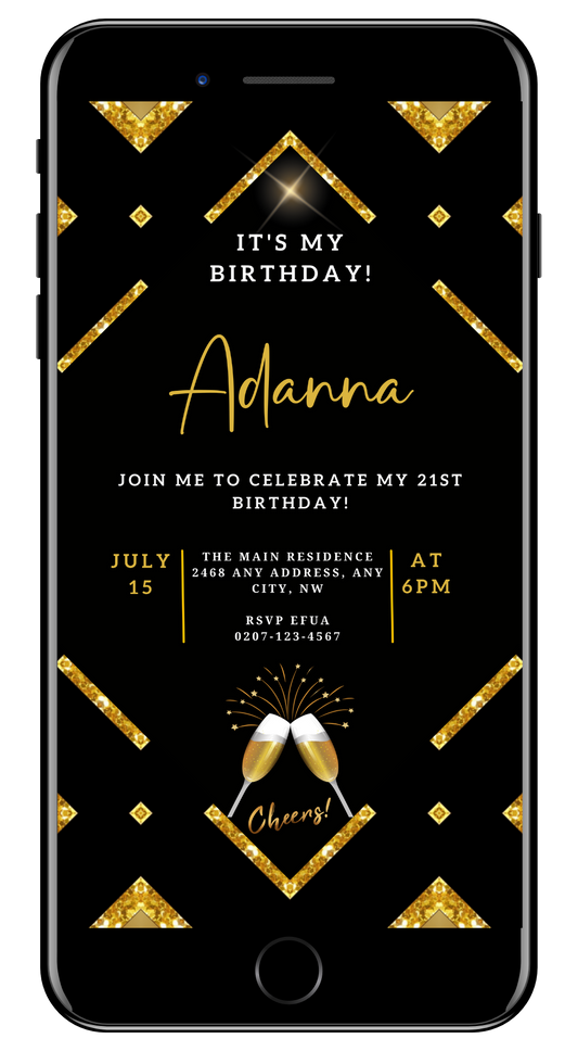 Customizable Digital Gold Black Sparkle Party Evite showing a black and gold invitation with champagne glasses, editable via Canva for smartphones, tablets, or PCs.