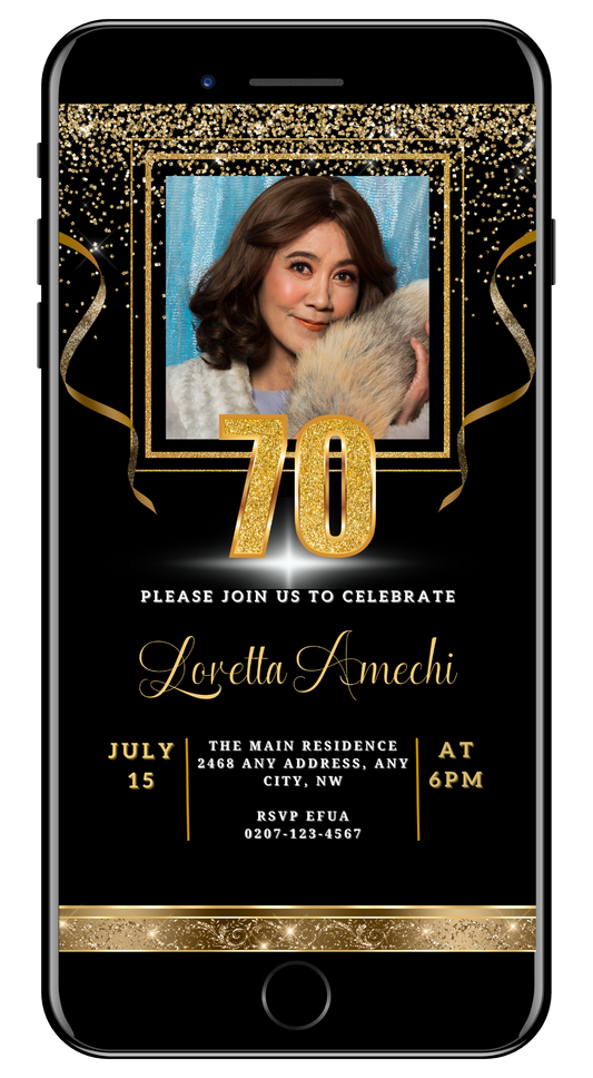 Black Gold Confetti 70th Birthday Evite featuring a customizable digital invitation with a woman's face and gold text, perfect for personalizing via Canva.