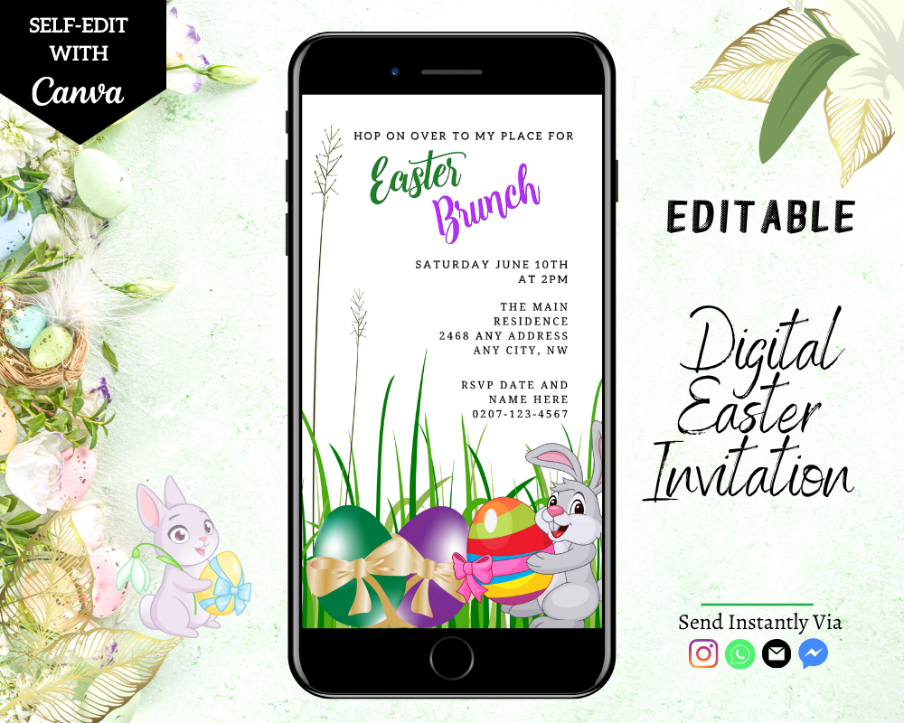 Cell phone displaying editable digital invitation template featuring a cute bunny and colorful Easter eggs for Easter party evite.