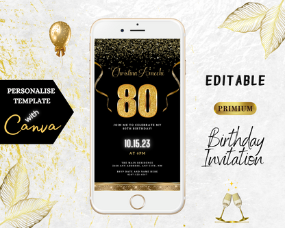 Customizable Black Gold Confetti 80th Birthday Evite displayed on a smartphone screen, featuring editable text and design elements for digital invitations.