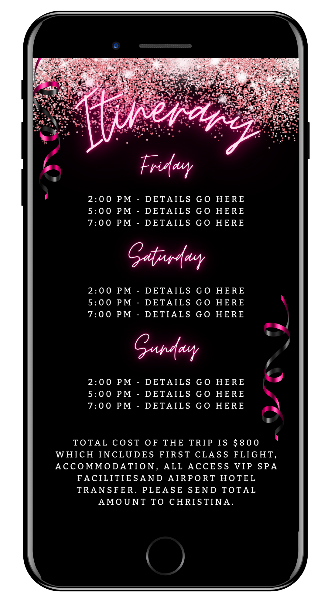 Customisable digital invitation template for a Weekend Party Evite, featuring neon pink glitter confetti with editable text using Canva, perfect for smartphones.