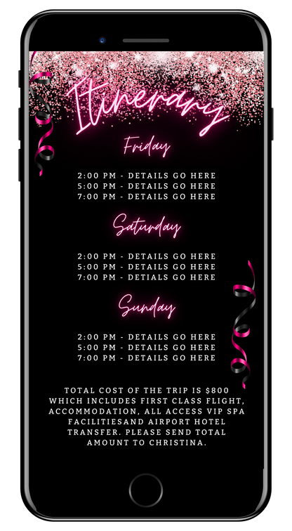 Customisable digital invitation template for a Weekend Party Evite, featuring neon pink glitter confetti with editable text using Canva, perfect for smartphones.