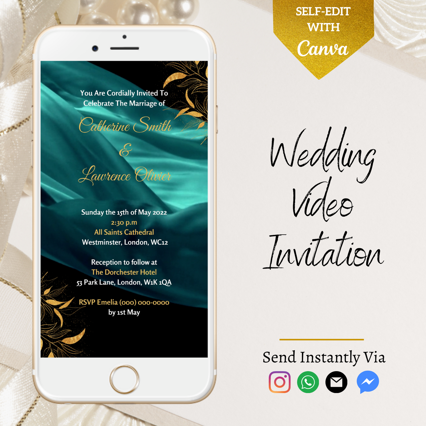 Customizable Green Silk Chiffon Wedding Video Invitation displayed on a smartphone screen, showcasing editable text and design elements for personalizing event details through Canva.