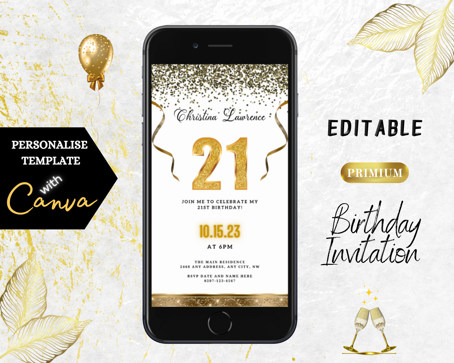 White Gold Confetti 21st Birthday Evite displayed on a smartphone, featuring customizable text and design elements using the Canva app.