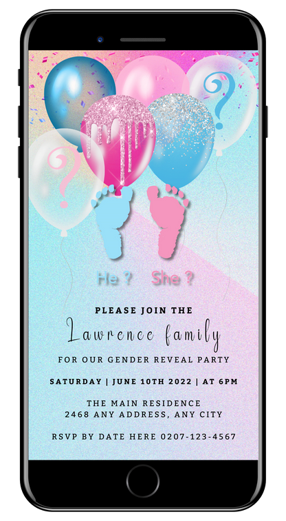 Baby Feet Floating Balloons Gender Reveal Evite displayed on a smartphone screen, featuring customizable digital invitation with balloons and baby feet design.