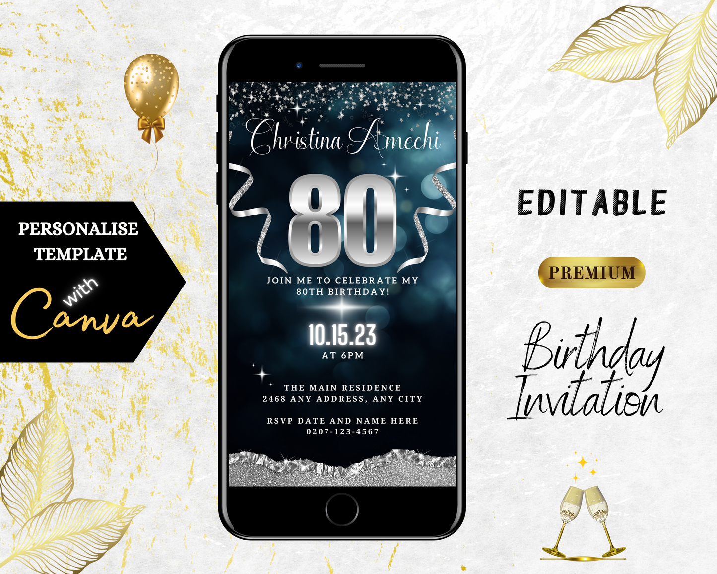Smartphone displaying a customizable Navy Blue Silver Glitter 80th Birthday Evite template, featuring editable text and design elements for a personalized digital invitation.