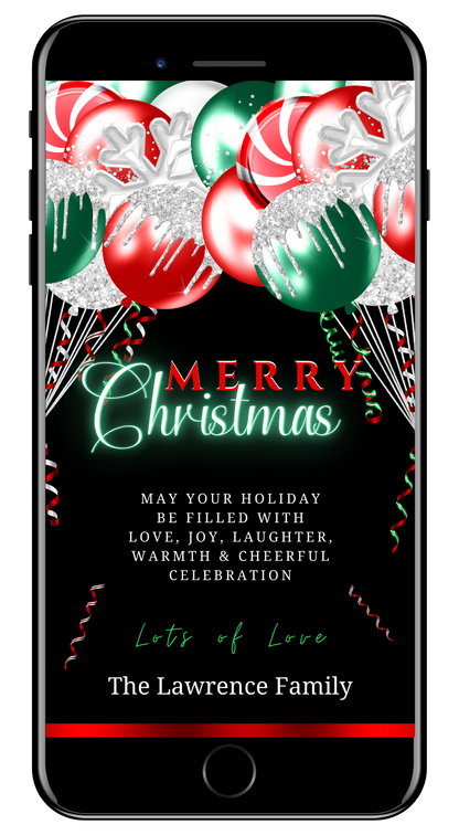 Red Neon Green Balloons Merry Christmas Ecard on a smartphone screen, featuring customizable text and festive graphics, ideal for electronic invitations via Canva.