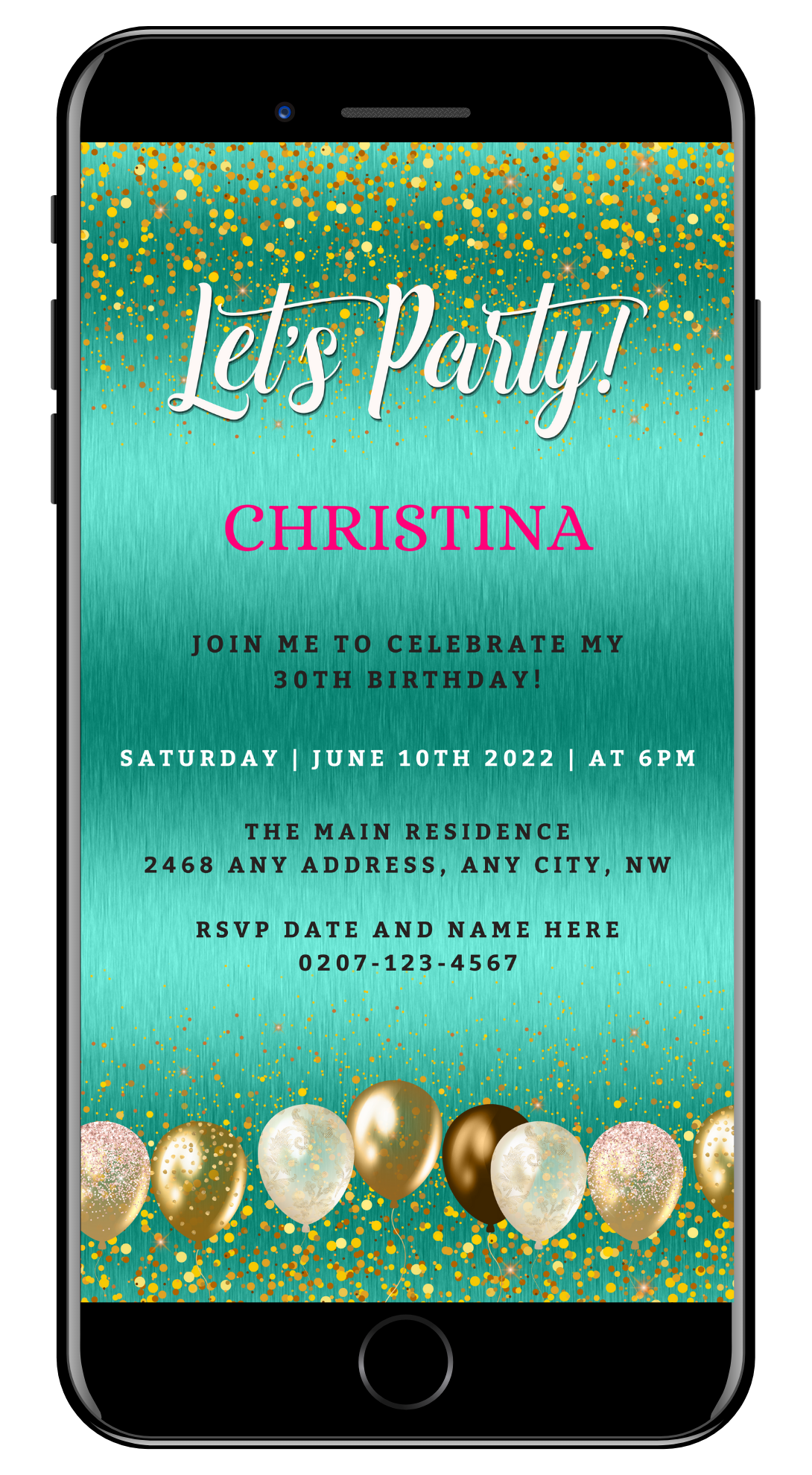 Editable Teal Gold Balloons Birthday Evite displayed on a smartphone screen, featuring customizable text and festive balloon graphics.