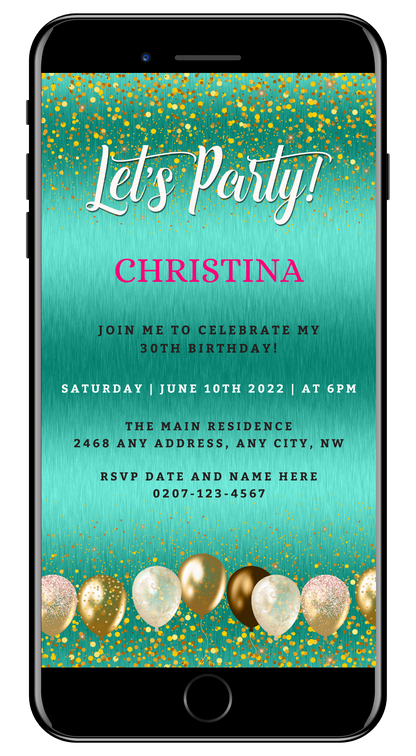 Editable Teal Gold Balloons Birthday Evite displayed on a smartphone screen, featuring customizable text and festive balloon graphics.