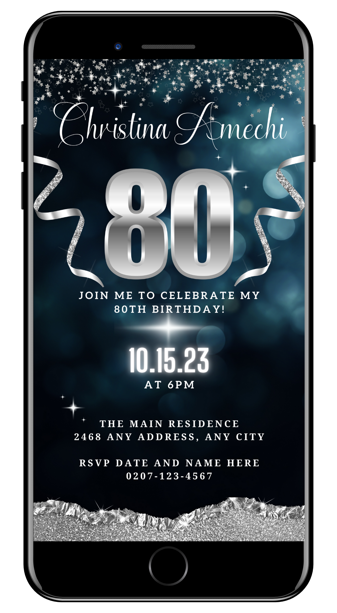 Customizable Navy Blue Silver Glitter 80th Birthday Evite, displayed on a smartphone screen, featuring editable text and design elements for easy personalization using Canva.