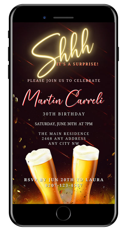 Gold Neon Beer Men's Surprise Party Evite shown on a smartphone screen with glasses of beer, customizable via Canva for digital invitations.