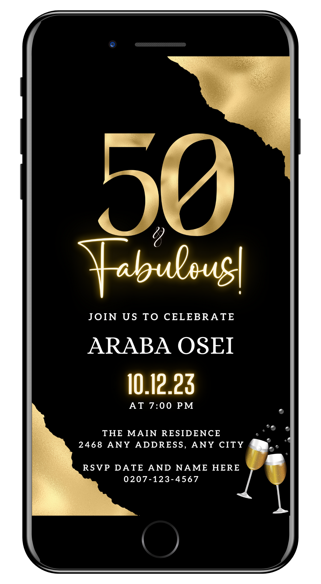 Gold Neon Black | 50 & Fabulous Party Evite, customizable digital invitation with sleek black and gold design, editable via Canva for easy event personalization.