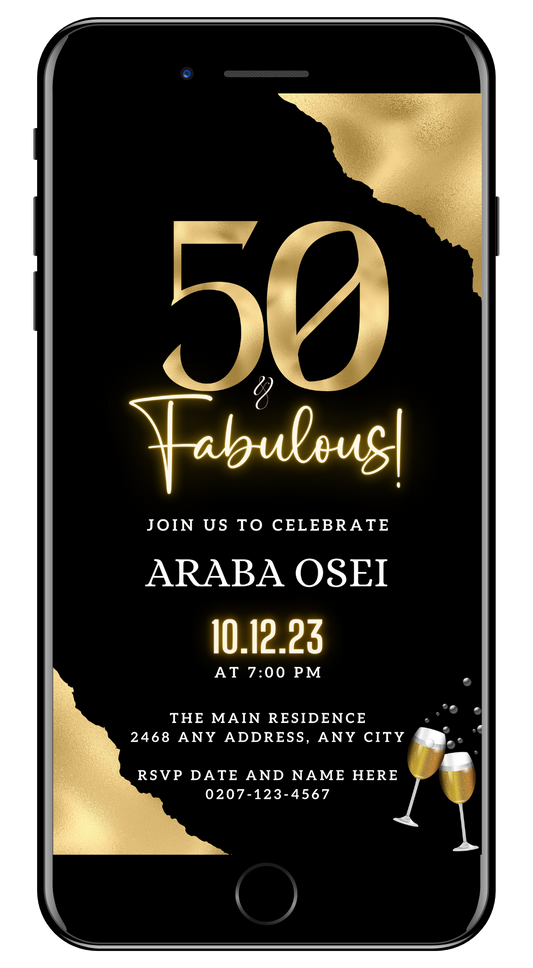 Gold Neon Black | 50 & Fabulous Party Evite, customizable digital invitation with sleek black and gold design, editable via Canva for easy event personalization.