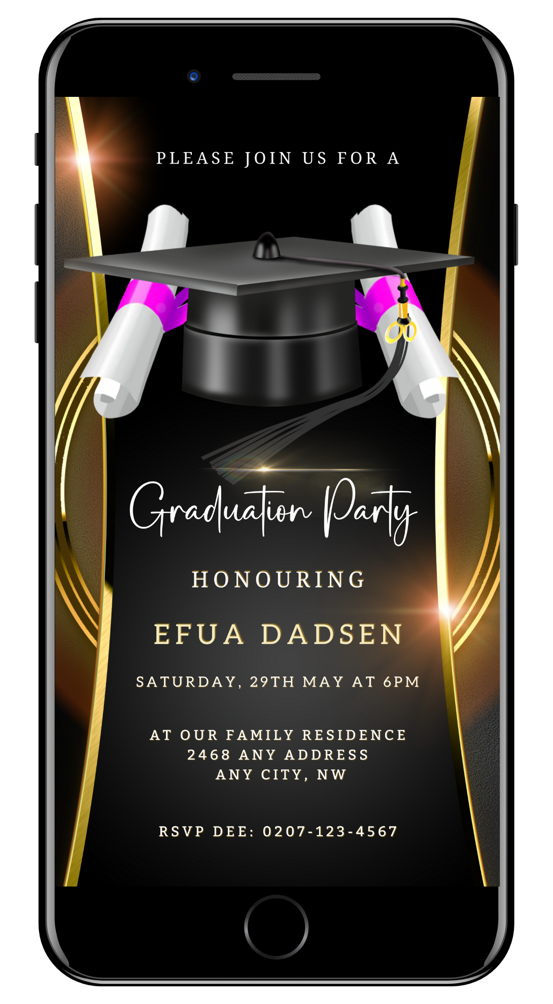 Customisable Black & Gold Graduation Party Invitation displayed on a mobile screen, featuring a cap and diploma design with elegant ribbon details for digital sharing.