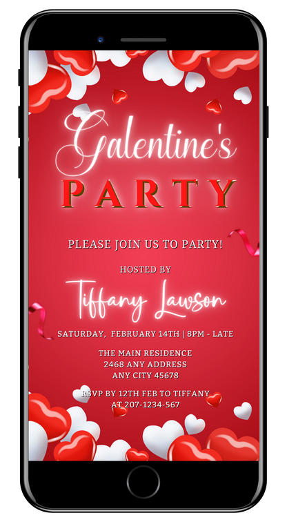 Editable Digital Galentines Party Evite with Red White Border Hearts displayed on a smartphone screen.