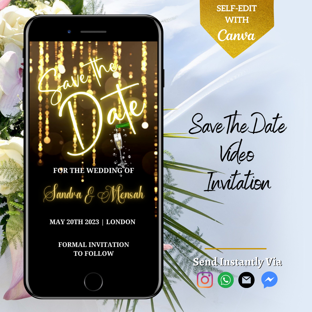 Customizable Digital Gold Chandelier Sparkle Save The Date Video Invitation displayed on a smartphone with floral accents. Ideal for personalizing event details using Canva.