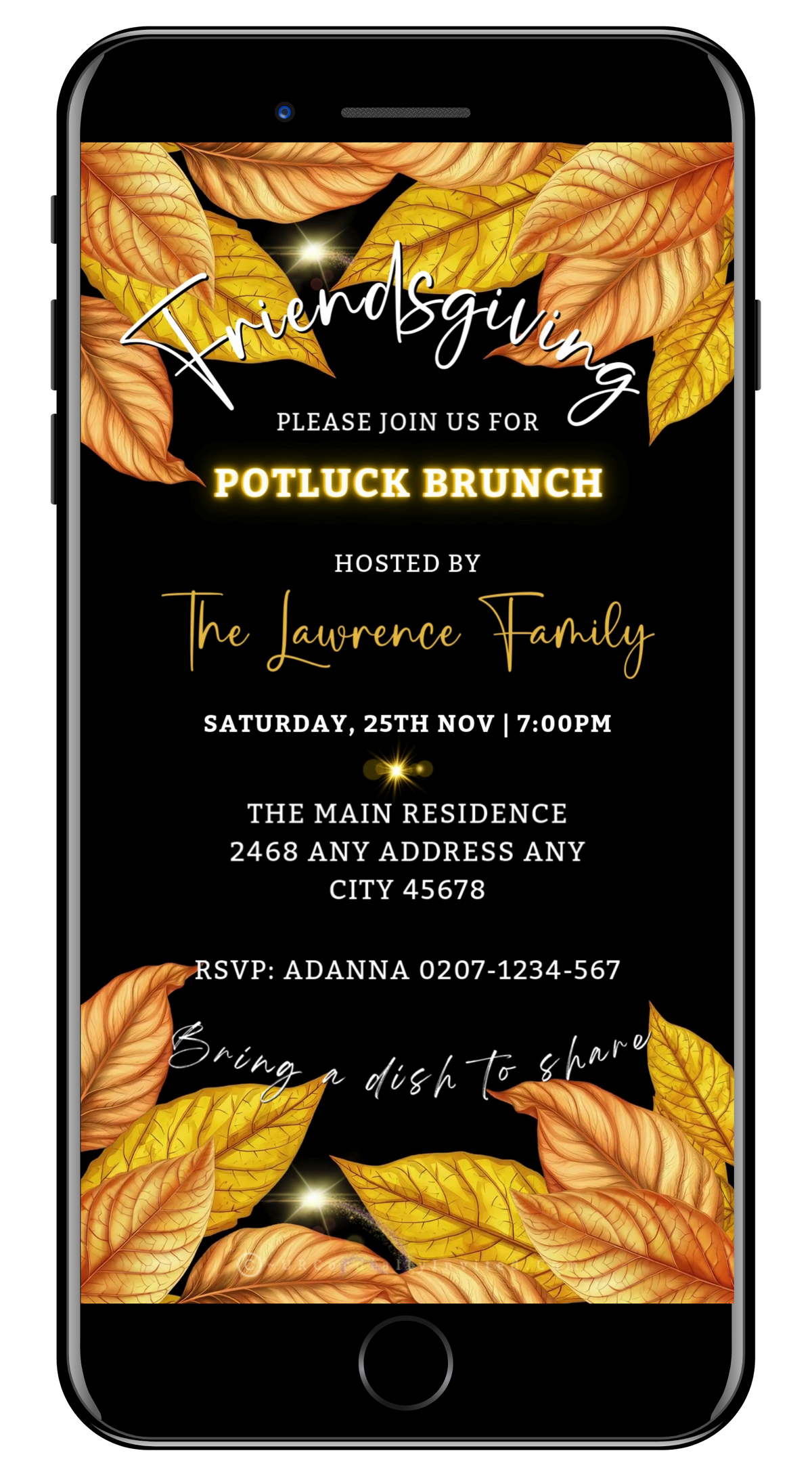 Friendsgiving Potluck Brunch invitation with gold accents, fall leaves, and event details on a sleek black background.