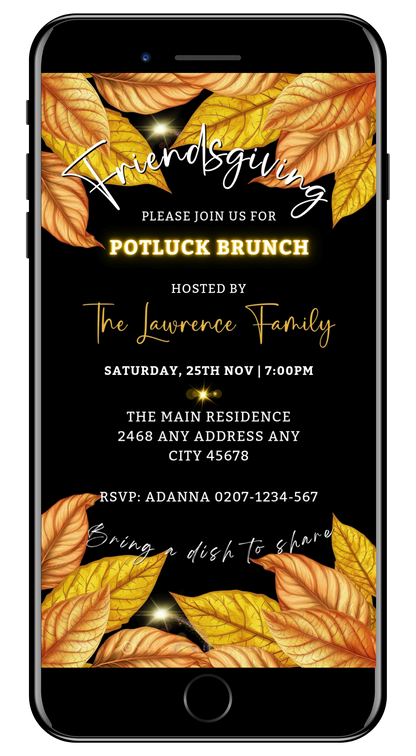 Friendsgiving Potluck Brunch invitation with gold accents, fall leaves, and event details on a sleek black background.
