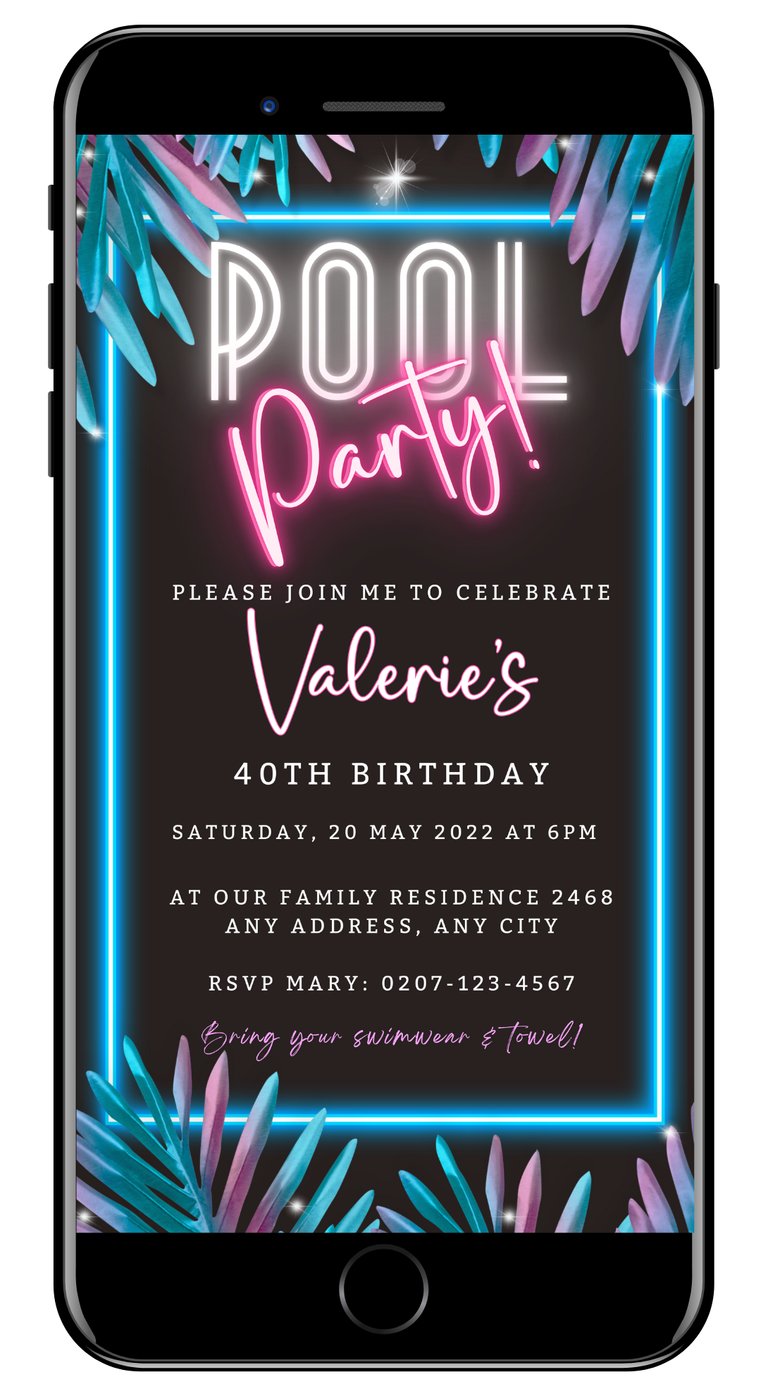 BBQ Swim Pool Party | Digital Invite featuring customizable neon text and floral accents, ideal for electronic sharing through various messaging platforms.