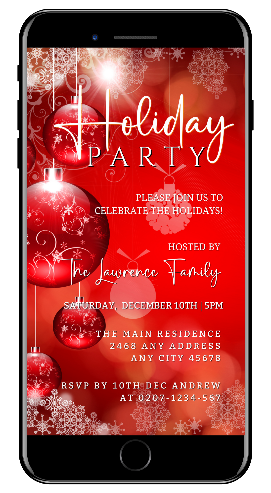 Editable digital holiday party invitation displayed on a smartphone screen, featuring glowing red and white ornaments from URCordiallyInvited.