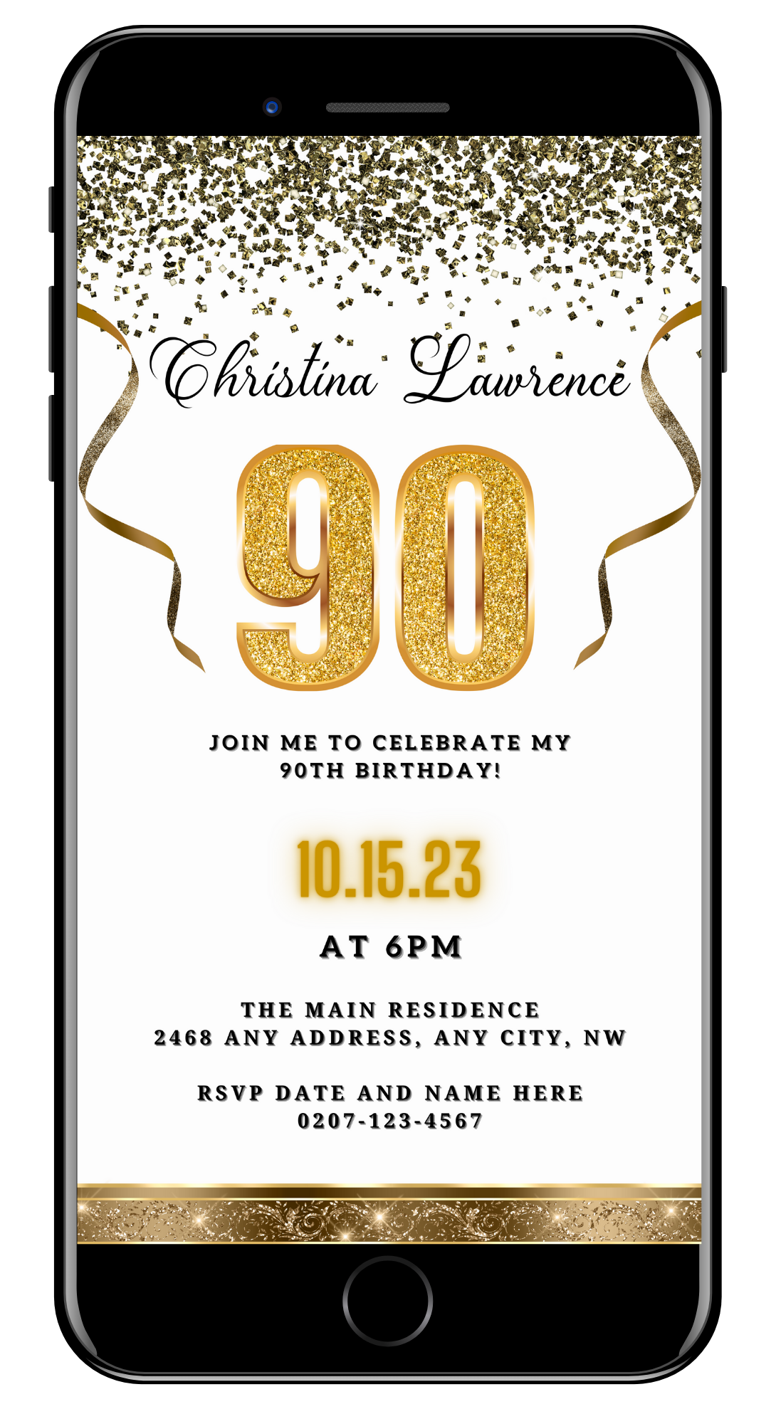 Customizable Digital White Gold Confetti 90th Birthday Evite displayed on a smartphone with gold numbers and ribbons. Download and personalize using Canva for easy sharing.