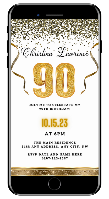 Customizable Digital White Gold Confetti 90th Birthday Evite displayed on a smartphone with gold numbers and ribbons. Download and personalize using Canva for easy sharing.
