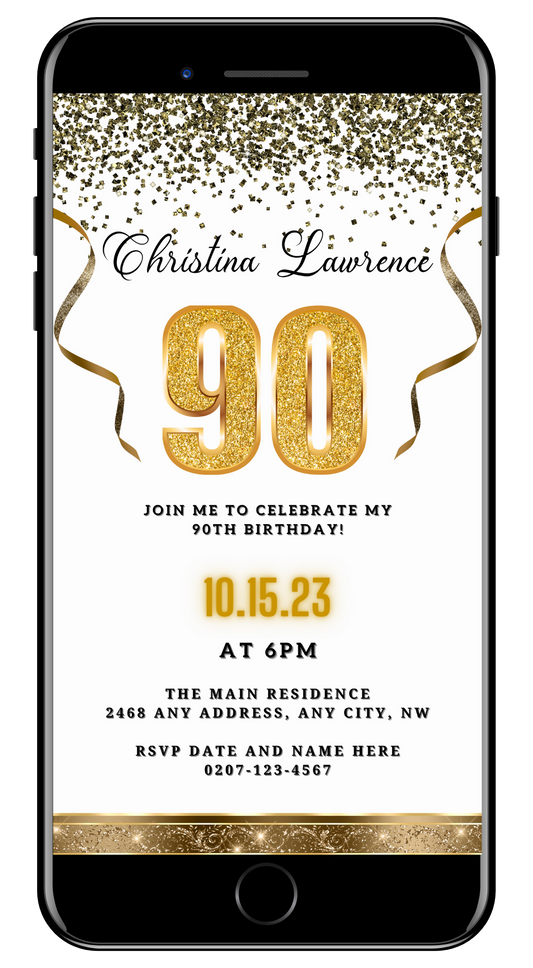 Customizable Digital White Gold Confetti 90th Birthday Evite displayed on a smartphone with gold numbers and ribbons. Download and personalize using Canva for easy sharing.