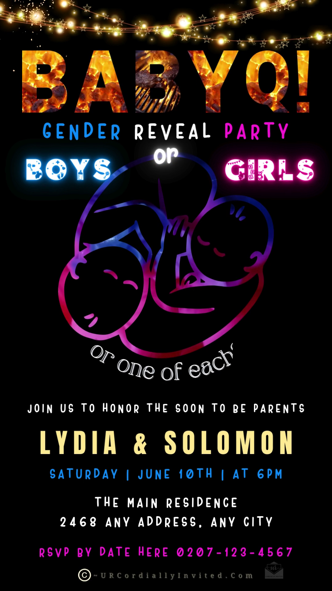 Animated Twins Cuddle BABYQ Grill digital gender reveal invite template featuring neon sign with two babies and customizable text elements. Downloadable for easy event personalization.