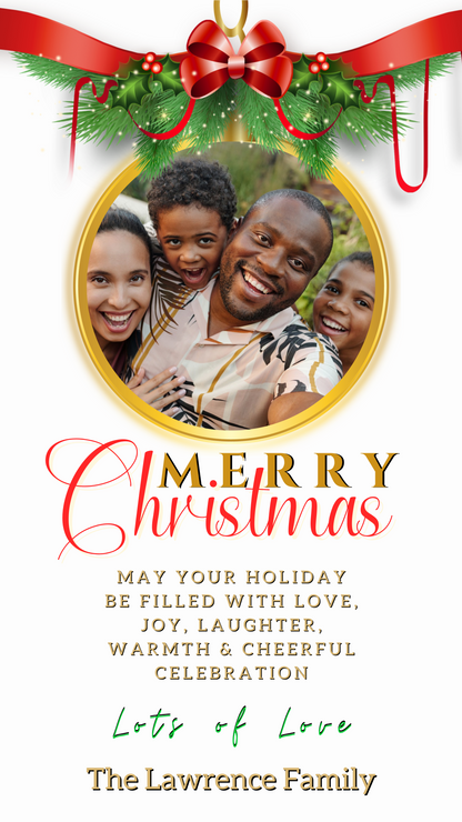 Man and two children taking a selfie with a white red ribbon Merry Christmas Greeting Ecard.