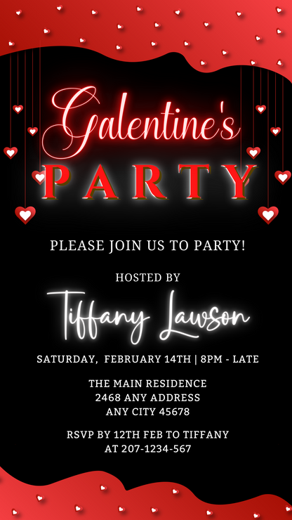 Diamond Red Hearts Boarder Galentine's Party Evite featuring white text and heart designs on a black and red background, customizable via Canva for electronic sharing.