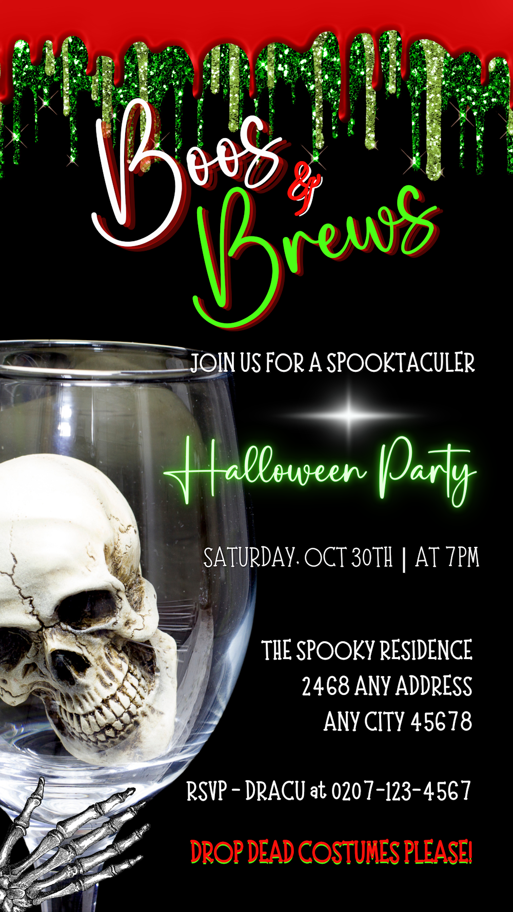 Boos & Brews Glass Skull | Halloween Evite: A skull inside a wine glass, part of a customizable digital invitation template for Halloween events.