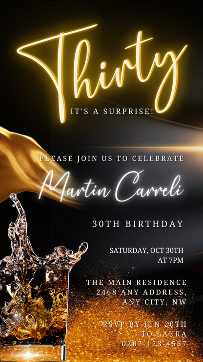 Customizable Digital Black Gold Neon | 30th Surprise Party Evite, featuring splash of liquid and editable text for personalizing event details via Canva.