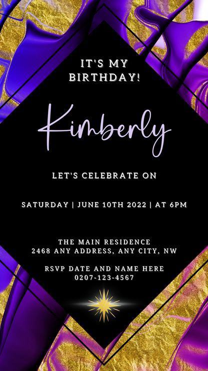 Editable Digital & Printable Purple Gold Ankara Birthday Evite showcasing a black and purple invitation with customizable text, designed for easy personalizing and electronic sharing via Canva.