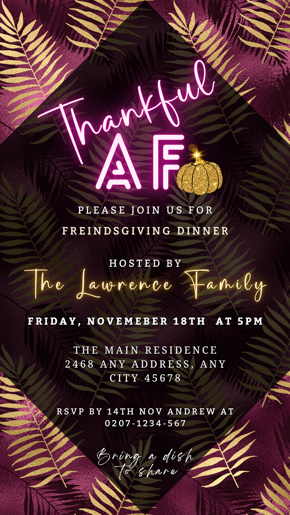 Thankful AF Purple Gold leaves Background Thanksgiving Dinner Evite featuring editable text and leafy design, ideal for digital and printable invitations via Canva.