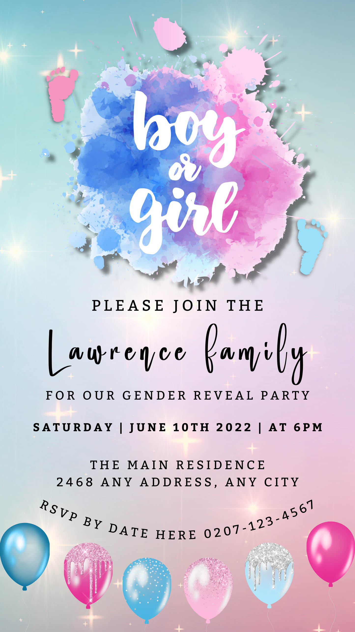 Digital baby shower invitation featuring pink, blue, and purple watercolor splashes with editable text. Includes customizable template for gender reveal evite.