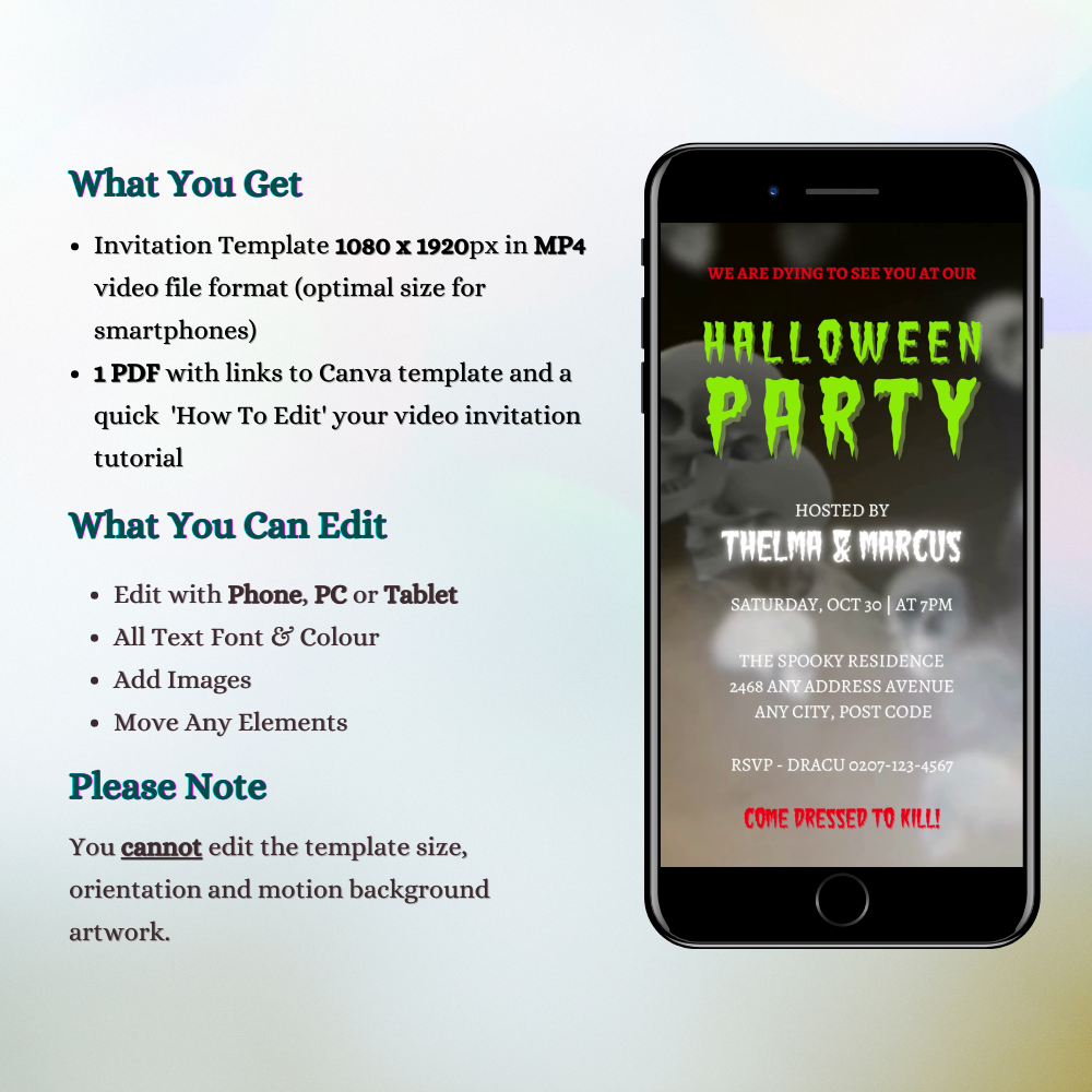 Cell phone displaying digital Spinning Smoking Skulls Halloween Party Video Invite with spooky, mysterious soundtrack and customizable text for electronic sharing via Canva.