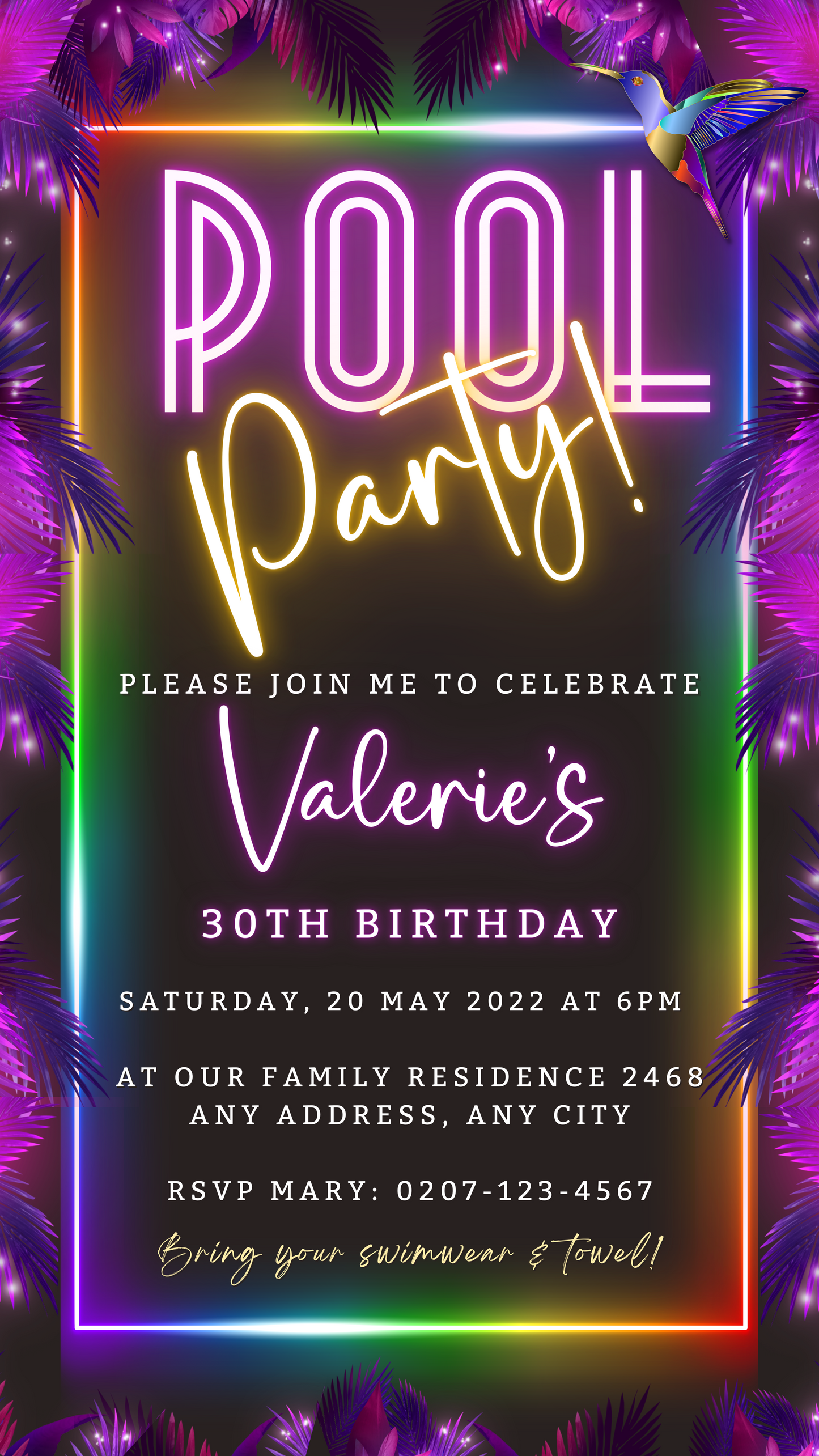 Tropical Neon Pool Party digital invite with customizable neon lights and palm leaves, editable via Canva, perfect for electronic sharing.